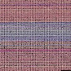 Small dots of varying hues of red, blue and purple create a vistual tapestry