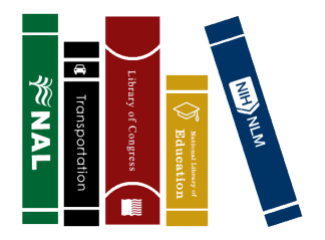five books of different colors representing the five national libraries in the United States: agriculture, transportation, education, medicine, and the Library of Congress