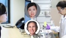 Photo collage of Lauren Porter and Xiaofang Jiang working at computer and in the lab respectively